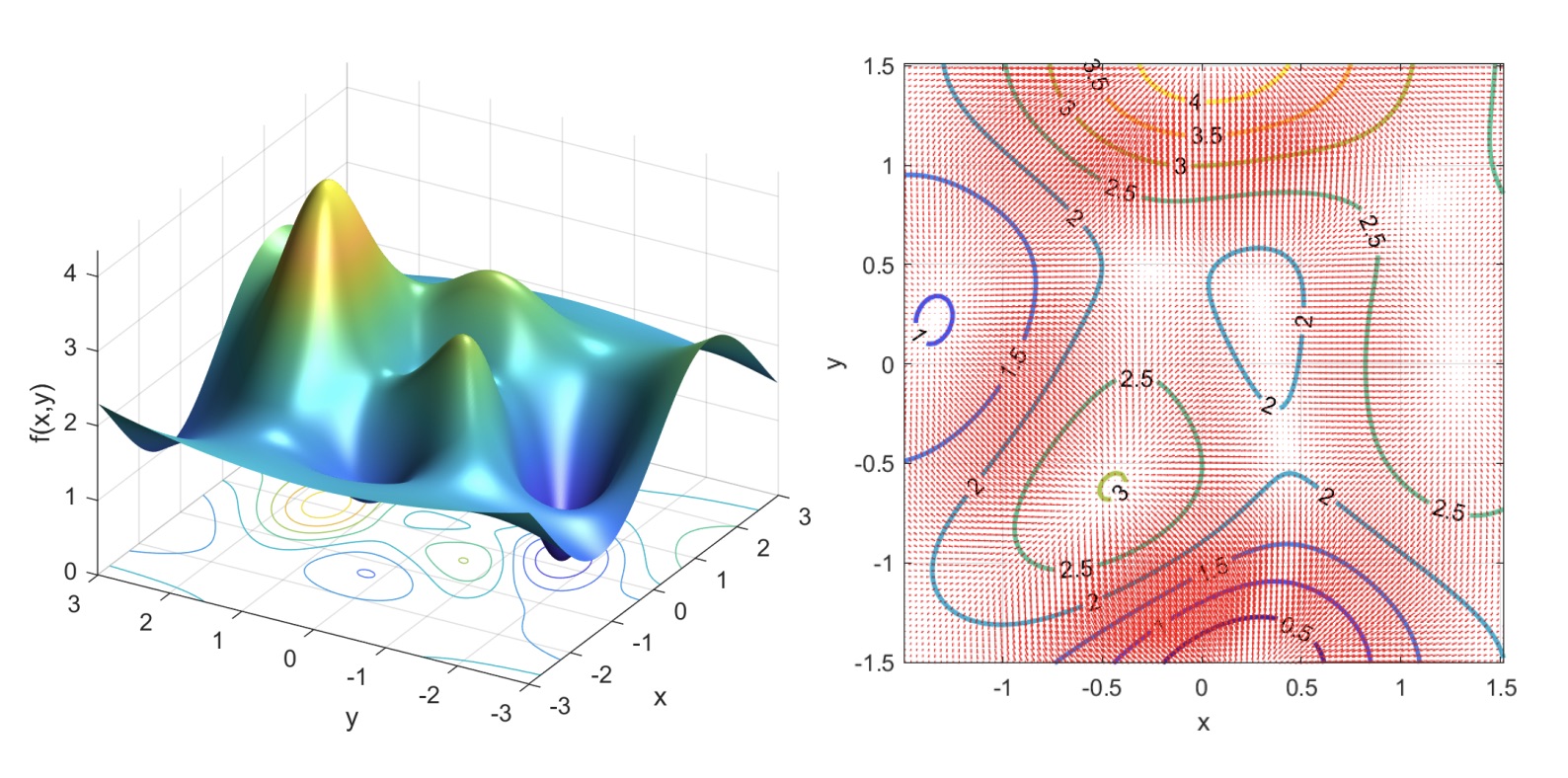 The 2D function and some of its iso-lines